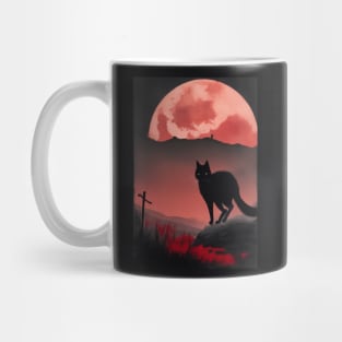 black cat and red moon horror view Mug